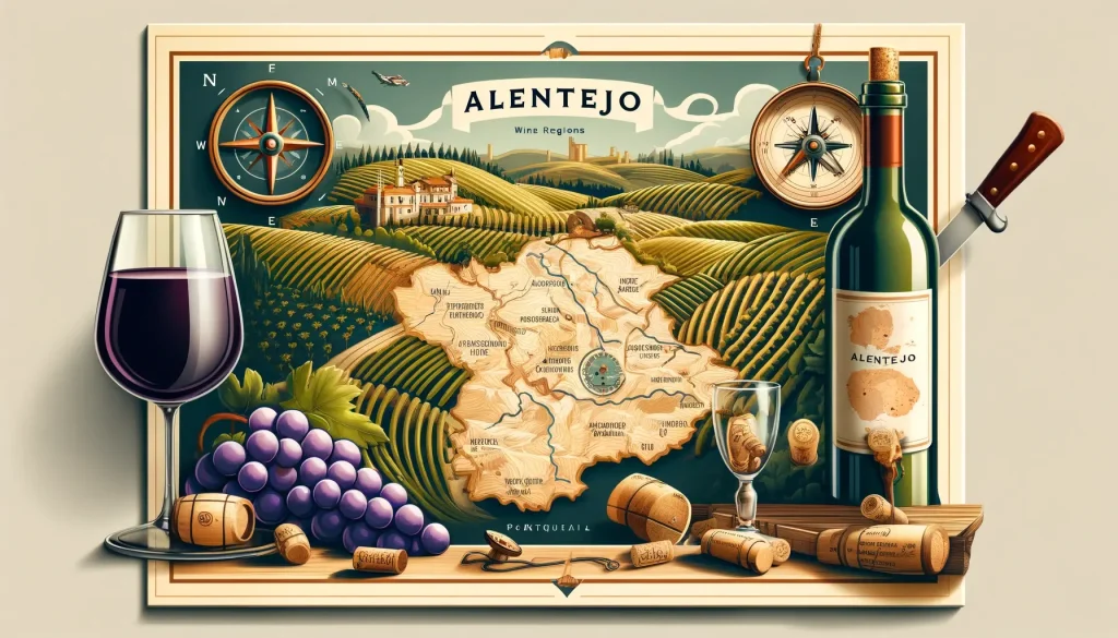 A wine-themed map of the Alentejo wine region in Portugal with wine bottles, grapes, and wine glass
